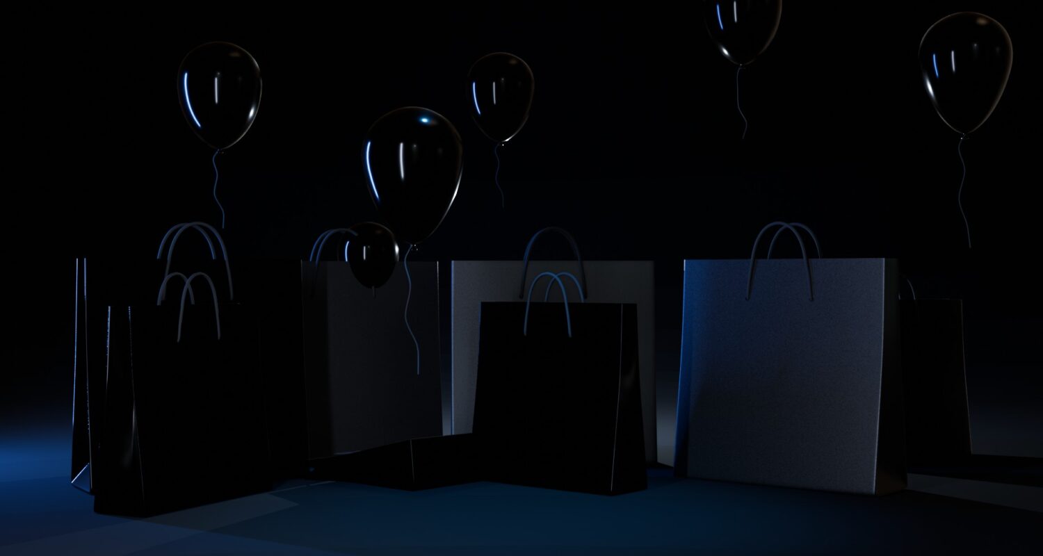 Black Friday 2025 Shopping Deals Consumers Behaviours Opinion. Photo by 3Dbabylon.com. shopping bags on black background